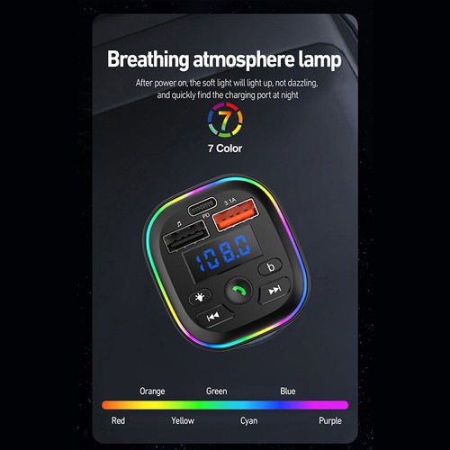 USB Type-C Car Phone Charger With RGB Light FM Transmitter Handsfree AUX Radio - 第 5/12 張圖片