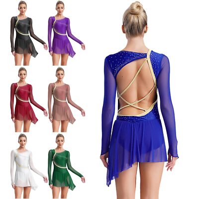 Women Dancewear Hem Dresses Shiny Dress Performace Skating Salsa Figure Party