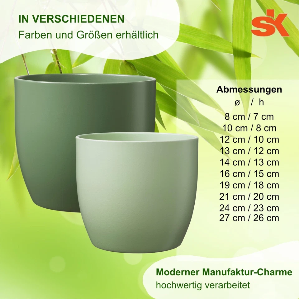 Keramik Blumentopf Pflanzkübel Übertopf Basel Lindgrün/Moosgrün 8-27 cm - Bild 2 von 3