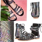 RARE Free People Juliette Iridescent Black Leather Gladiator Sandal snakeskin