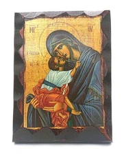 Blessed Wooden Greek Christian Orthodox Handmade Icon Virgin Mary Eleousa Wit...