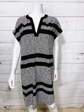 Adrienne Womens Shift Dress Size L Black & White Striped Short Sleeve V-Neck