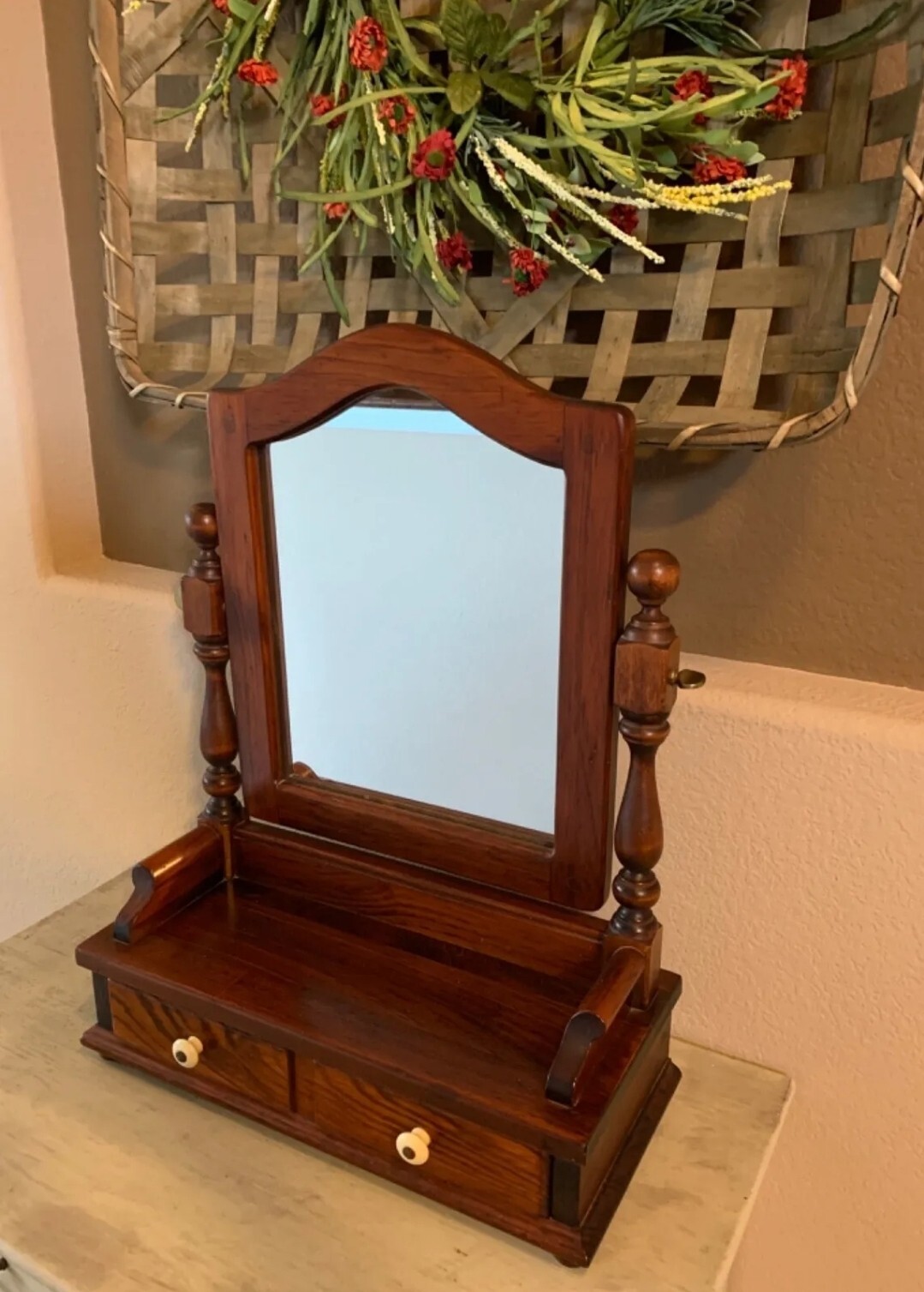 Ethan Allen Antiqued Pine Cheval Mirror Jewelry Box Shaving Vanity