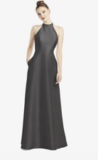 Alfred Sung D772 High Neck Cut Out Formal Bridesmaid Long Dress Caviar Gray Sz 0