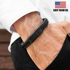 Men's Bracelet Braided Leather Bangle Stainless Steel Cuff Wristband Gift USA