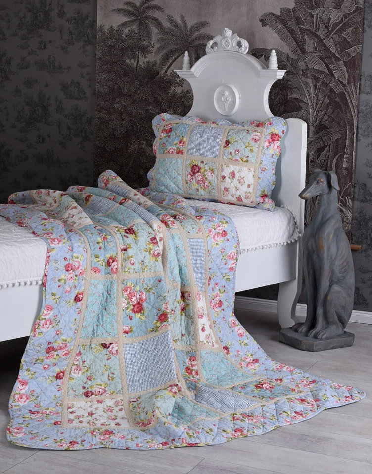 Tagesdecke Bettüberwurf Steppdecke Patchwork Decke Landhaus Blumen Wohndecke - Bild 2 von 4