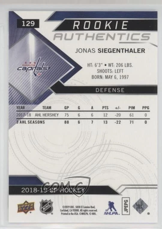 2018-19 SP Retail Rookie Authentics Blue Jonas Siegenthaler #129 Rookie RC - Image 2 of 2