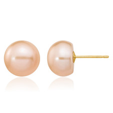 14K Solid Yellow Gold 9mm Pink Button Freshwater Cultured Pearl Stud Earrings