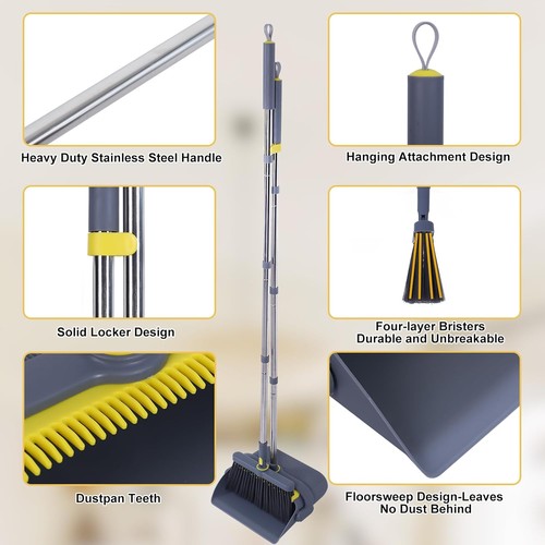 Heavy Duty Broom & Standing Dustpan Combo Set Rotatable Head Dust Pan & Brush - Picture 4 of 9
