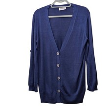 Angelucci Silk Long Sleeve Button Front V Neck Cardigan Navy Blue Size 48 L