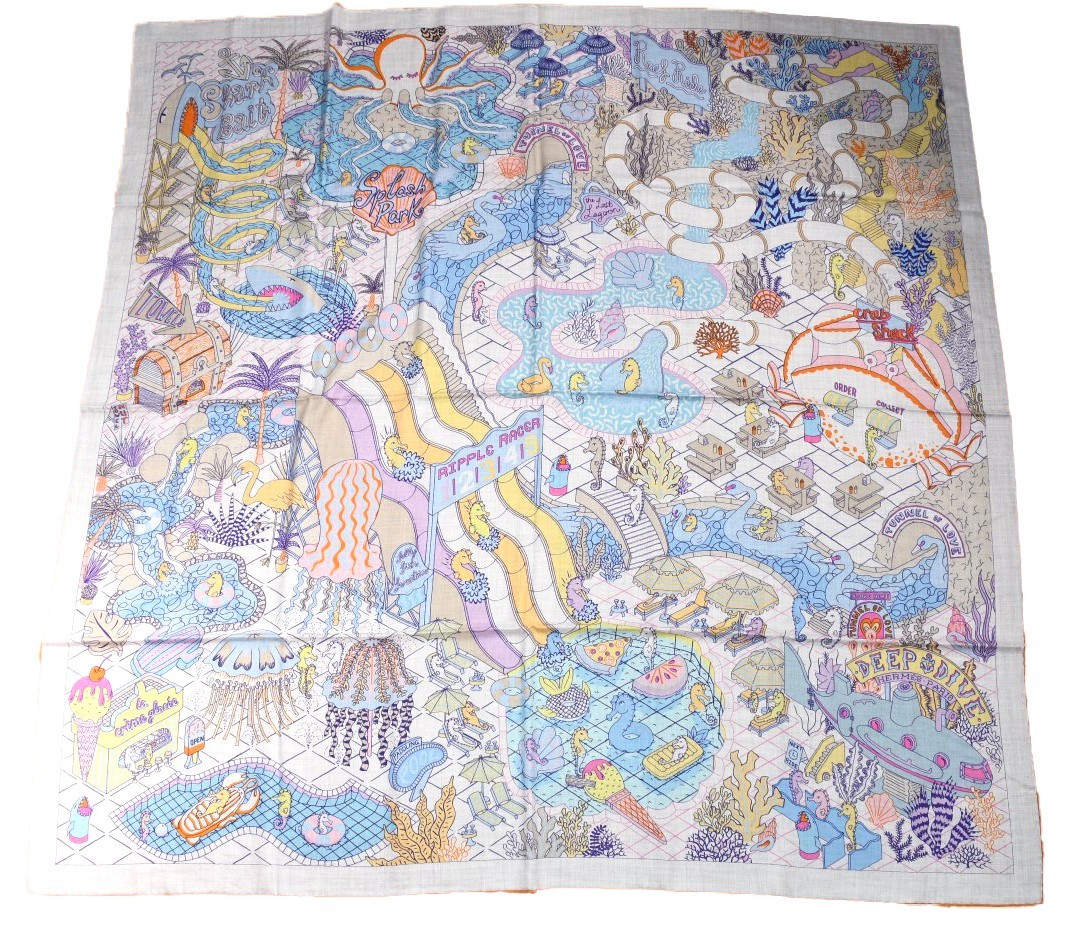 Hermes Shawl Splash Park 140 cm Cashmere silk scarf stole blue
