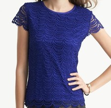 Banana Republic Blue Lace Short Sleeve Crew Neck Button Women's Blouse Size 2
