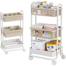 Baby Diaper Caddy Organizer Cart - 3 Tier Rolling Storage Cart with Wheels, B...