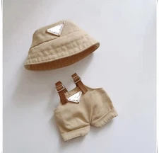 Khaki, Labubu Two-Piece Outfit, Hat and Overalls