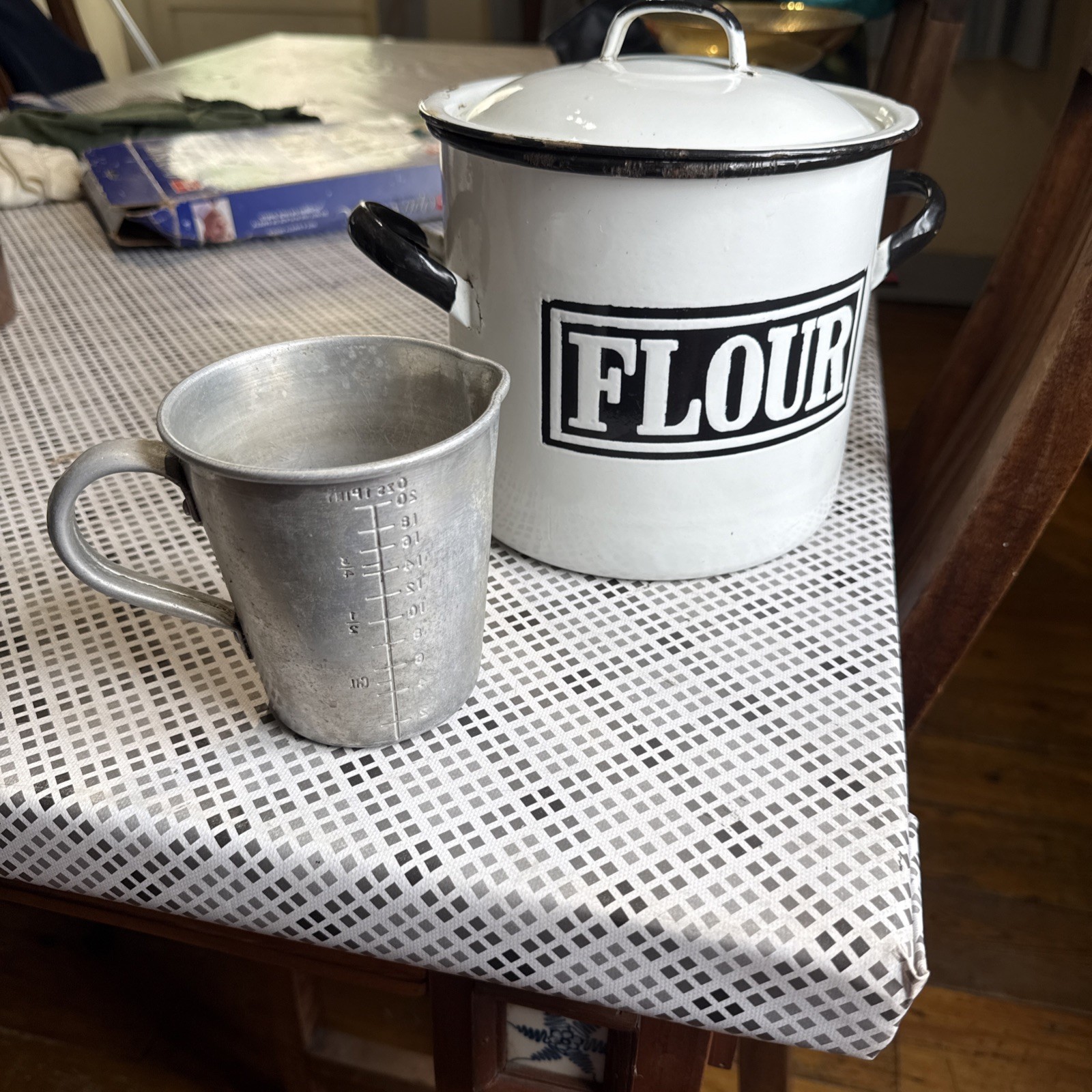 Vintage White Black Enamel Flour Bin + Lid Kitchen Storage + Pint Measure Jug