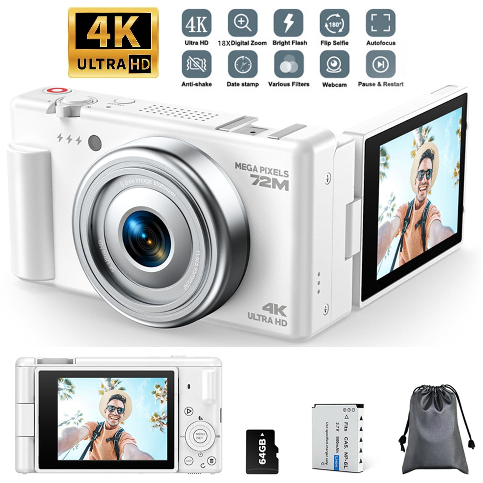 72MP Autofocus Digital Camera 4K Video 18XZoom 270°Flip Screen for Photography