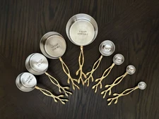 Set Of Matching Measuring Cups & Spoons With Gold Tone Branch Leaf Handles India