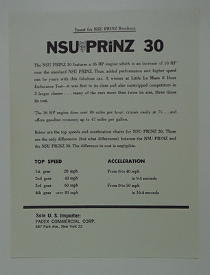 Vintage Insert For NSU Prinz 30 Brochure #737-6