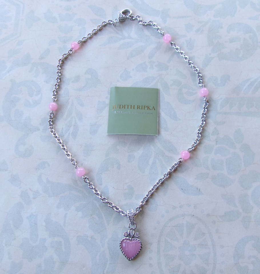 Judith Ripka Sterling Silver Rose Quartz Heart CZ Pendant Necklace 18 ...