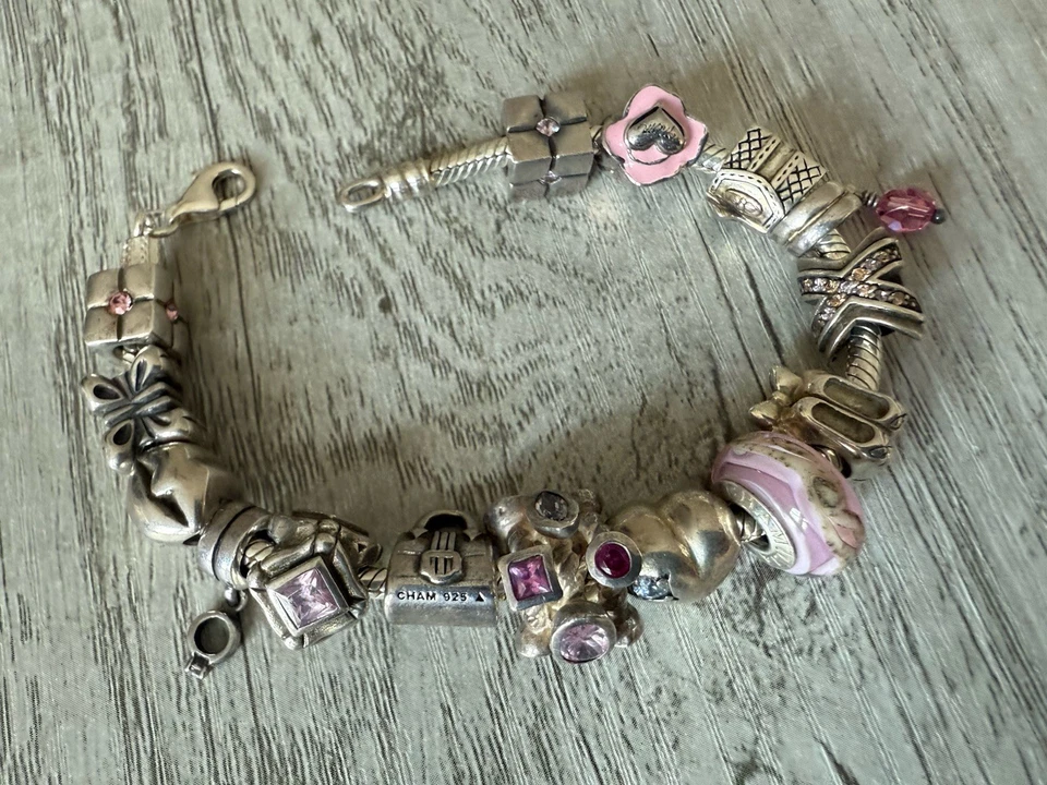 Pulsera CHAMILIA Cargada Plata de Ley Girlie Rosa Murano 15 Cuentas Dije 61g Foto 4 de 4