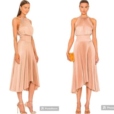 A.L.C. Renzo Size 12 Pink Satin Plissé Pleated Corded Halterneck Midi Dress NWT
