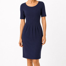 Boden Navy Pintuck Sheath Dress UK 10R US 6R Midi Career Office Stretch Knit