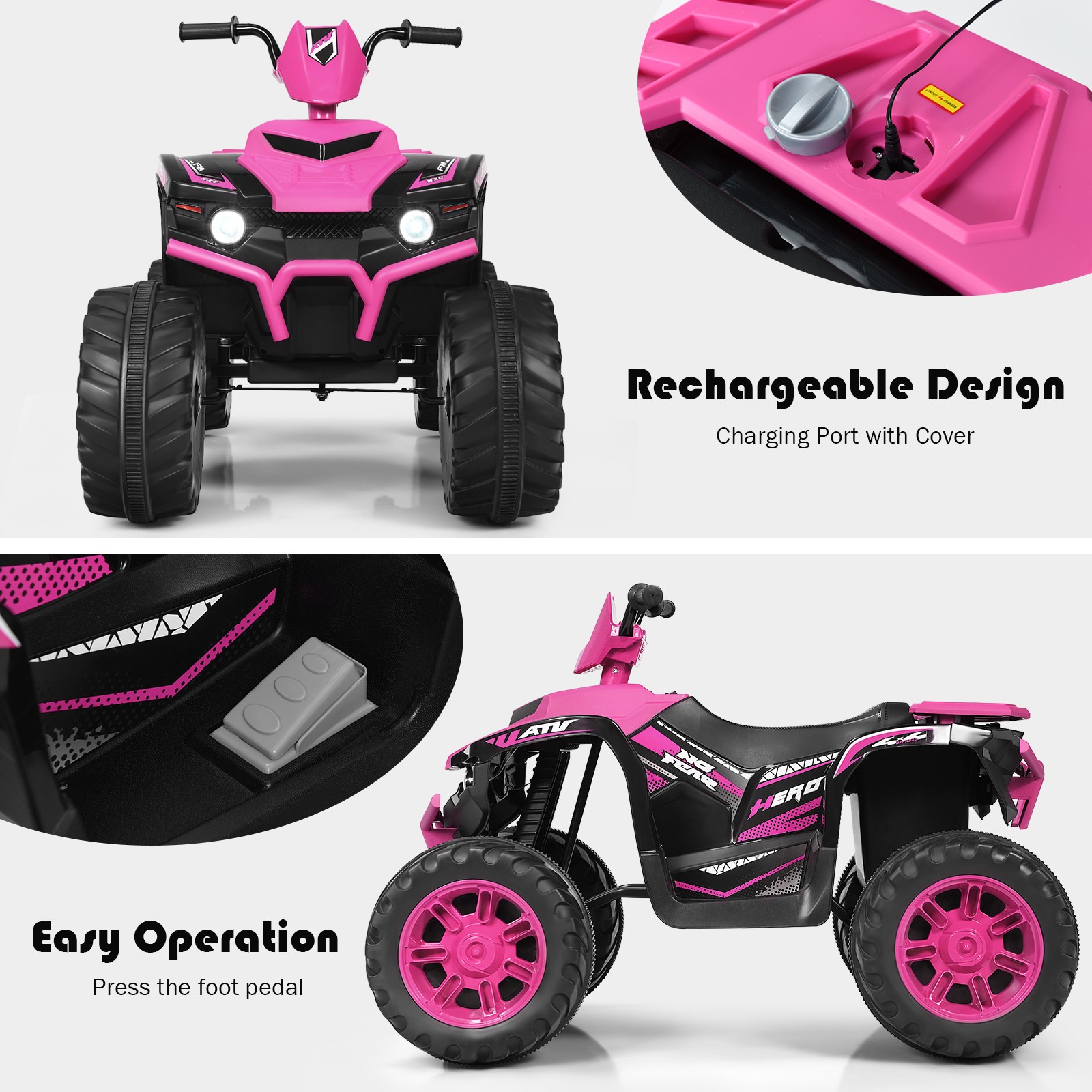 Costway 12V Kids 4-Wheeler ATV Quad Ride On Car w/ LED Light & Music Pink