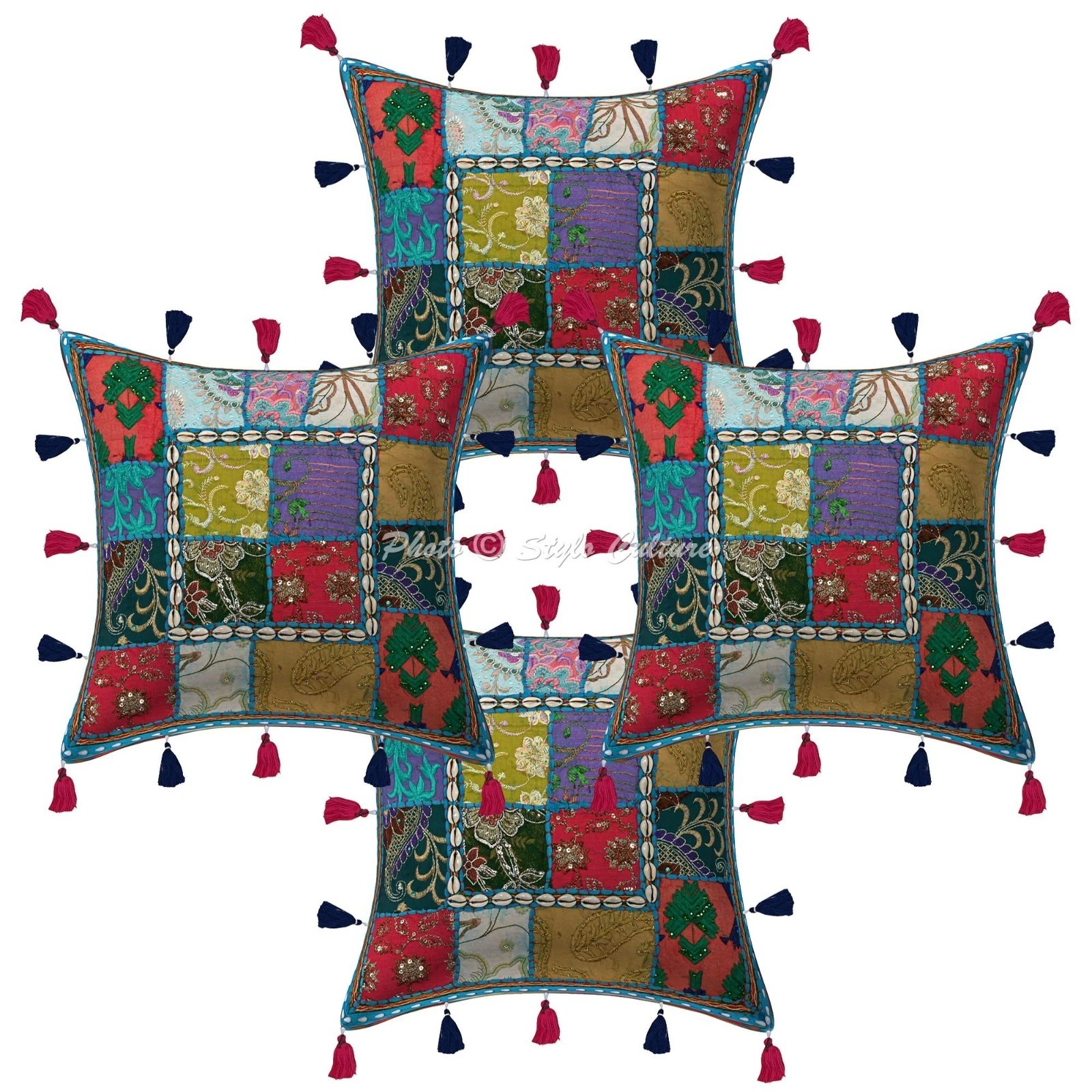 Ethnic Cotton Throw Pillow Covers Patchwork Cowry Tassels Turquoise Floral Decor