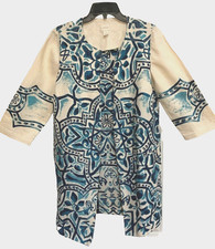 CHICO'S Jacket - Ivory Linen, 3/4 Sleeve, Blue Batik Design Size 1, 8-10