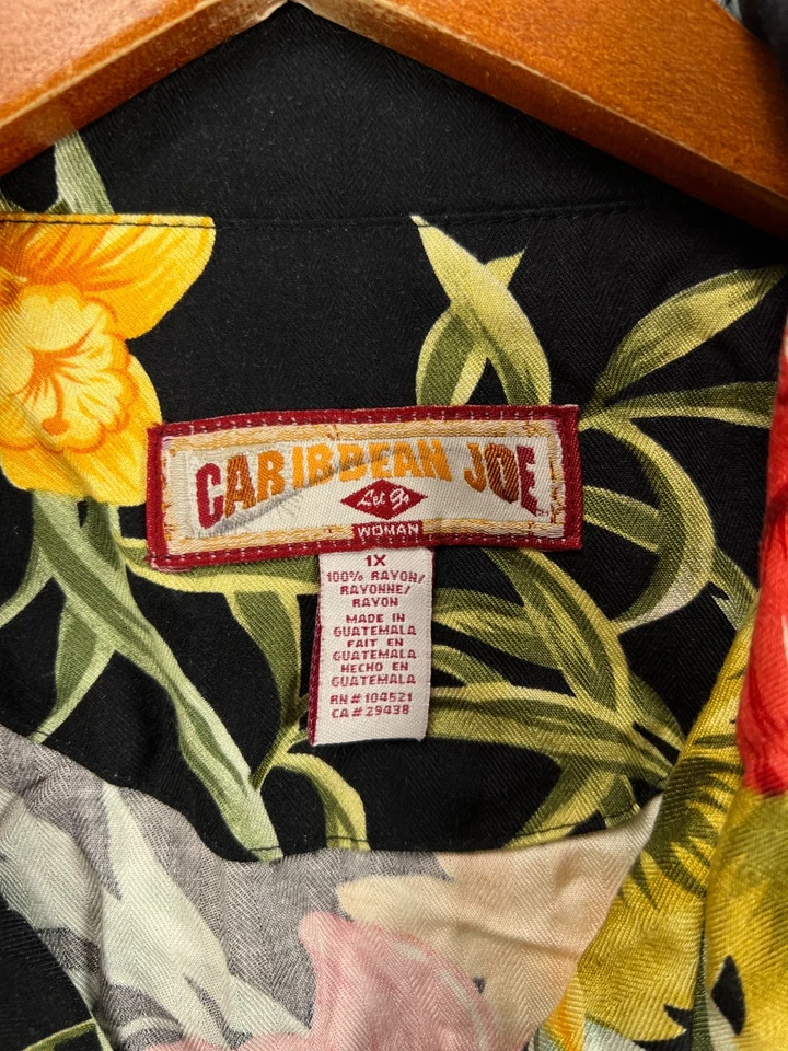 Карибский Joe винтажный женщин 1 X гавайский лагерь рубашка черный цветочный укороченный верхняя кнопка - Изображение 4 из 4