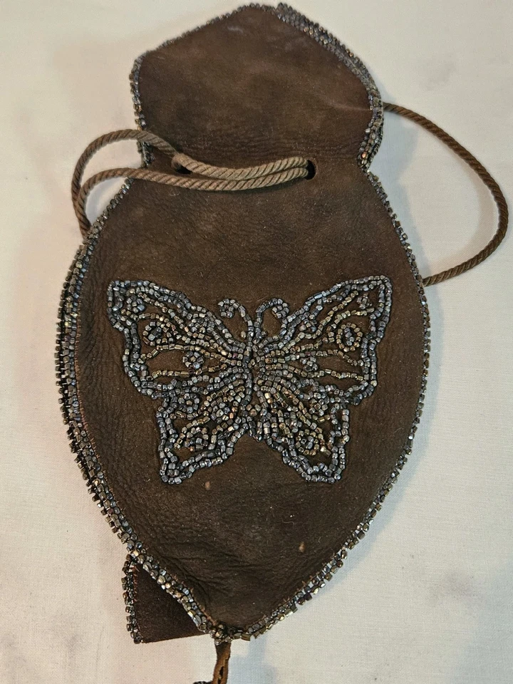 СТАРИННЫЙ кожаный бабочка дизайн бисером сумочки сумка / изменить сумочки уникальный - Изображение 4 из 4