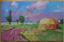 Ukrainian Oil Painting Impressionism village hot sunny day haystack field road