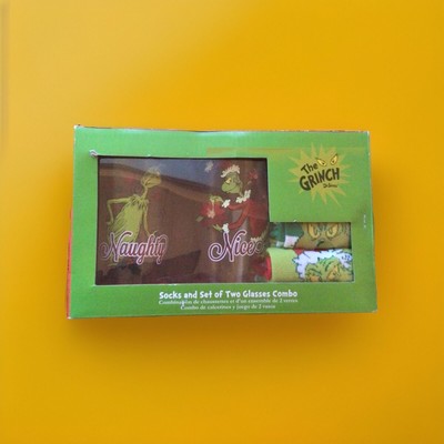 How The Grinch Stole Christmas Naughty & Nice Socks & 2 Glass Combo Gift Set