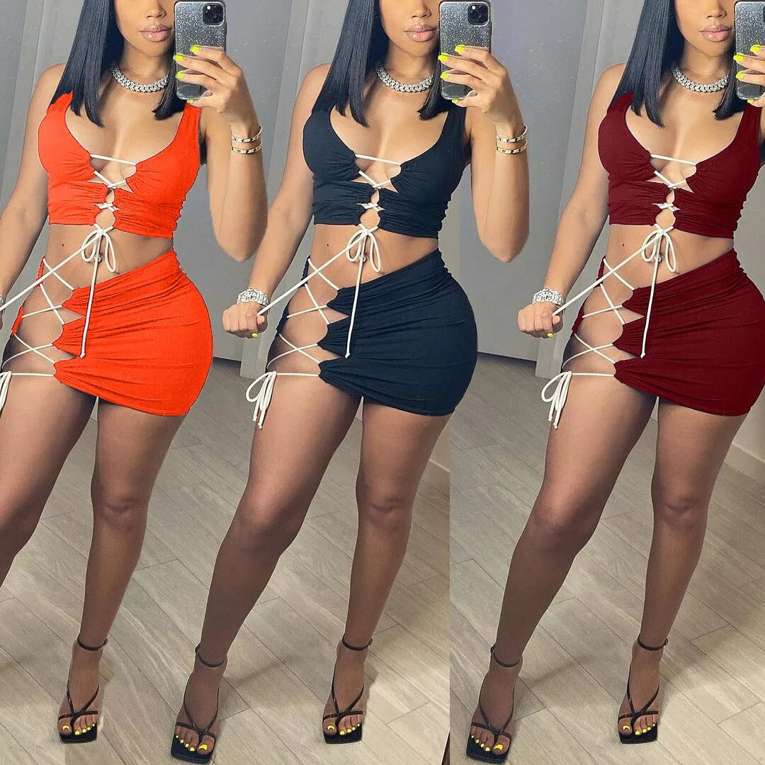 2022 New Sexy Women Sleeveless Bandage Solid Bodycon Patchwork Club Dress  2pcs