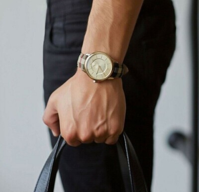 BURBERRY MENS WATCH LEATHER AND FABRIC MULTICOLOUR STRAP & GOLD