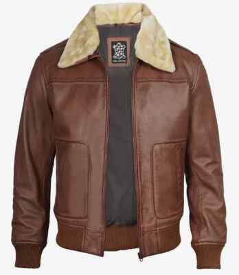 Men's Stylish Bomber Moto Biker Racer Fur Collar Lambskin Cognac Leather Jacket