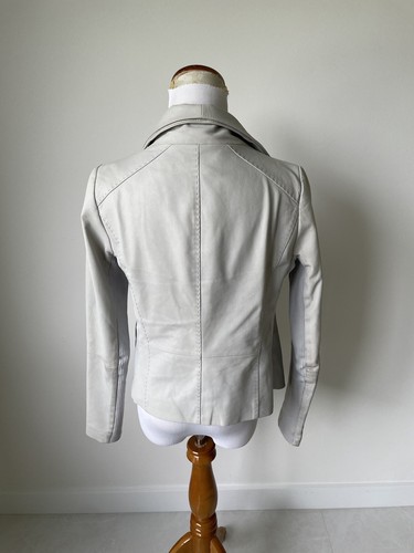 Vince Light Grey Leather Biker Jacket Sz S Asymmetrical Zip Knit Trim - Picture 7 of 13