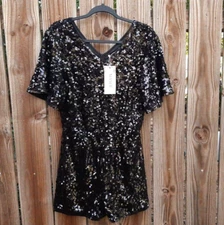 MANER Sparkly Sequin Romper , Party Short Jumpsuit w/ Flutter Sleeve  Black M