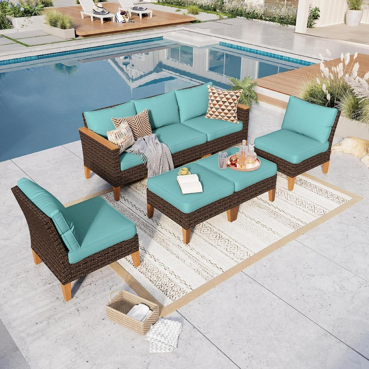 Pieces Rattan Sofa Set Wicker Sectional Cushion Patio Blue
