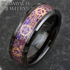 Black Tungsten Rose Gold Plated Steampunk Clockwork Gears Purple Band Ring
