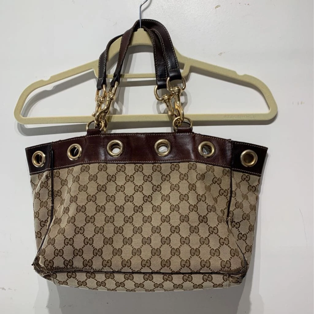 Gucci Womens Tote Bag Brown Signature Logo Phone Pocket Detachable Strap L