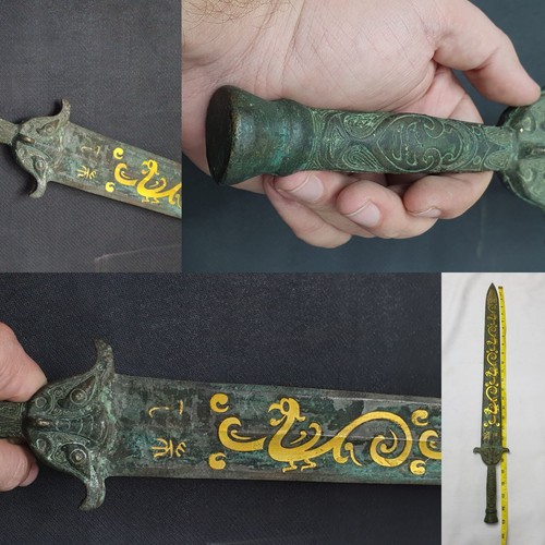 EINZIGARTIGES CHINESISCHES ANTIKES WUNDERBARES GOLD VERGOLDETE BRONZE TOP SCHWERT - Bild 1 von 16