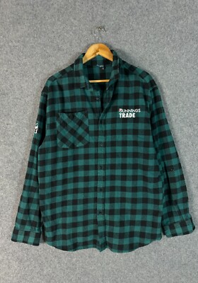 Bunnings Trade Shirt Mens Size Large XL GREEN Gingham Check Long Sleeve ButtonUp
