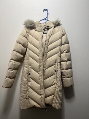 Larry Levine Womens Tan Long Puffer Coat Small