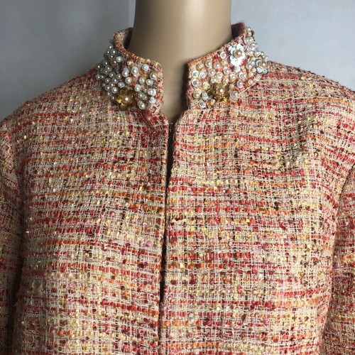 Chicos Blazer Damen 2 L Tweed verziert Jacke Pailletten gefüttert koralle Mantel Neu mit Etikett - Bild 2 von 9
