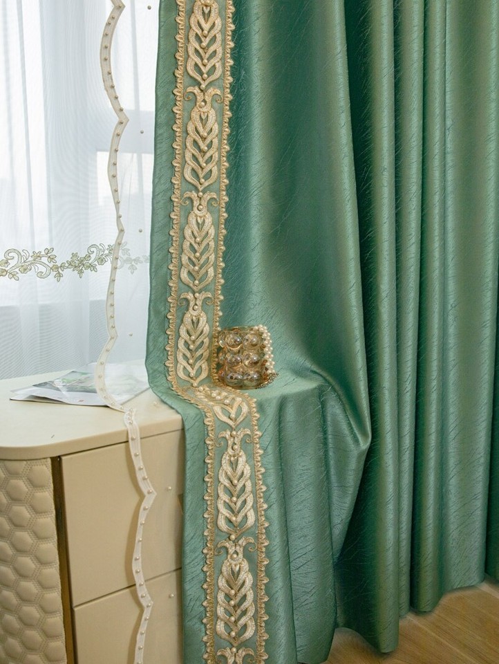 French modern simple bedroom green cloth blackout curtain valance drape ...