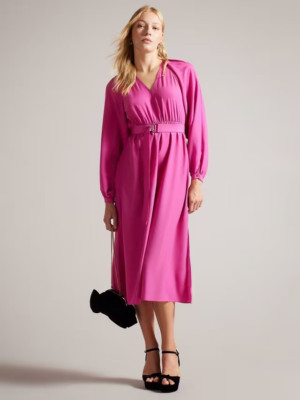 Ted Baker Midikleid Damen UK 8 Rosa Blousonärmel Gürtel Party Anlass