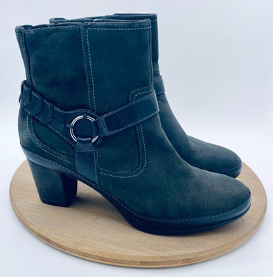 Clarks Harness Boots Womens 9.5 Gray Leather Artisan Heels Biker Gothic Cowgirl