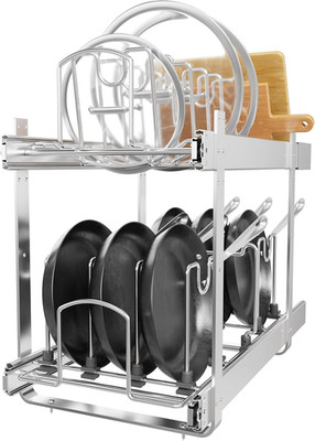 2-Tier Pull Out Cabinet Organizer for Pots, Pans, and Lids - Adjustable Rack