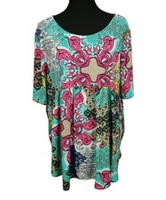 Multicolor Boho Tunic Top Vibrant Patterns 3/4 Sleeve Relaxed Fit Plus Size 3XL